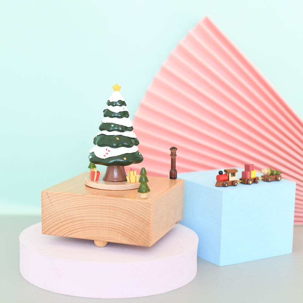 Wooden Music Box - Square Christmas Tree - Merry Christmas tune