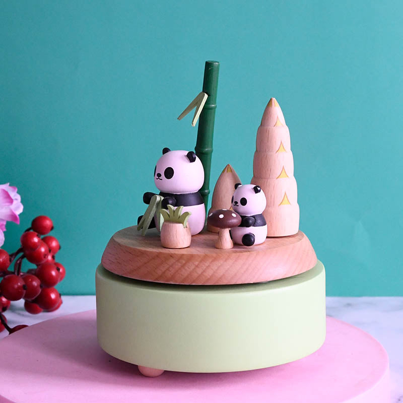 Wooden Music Box - Panda Daddy & Child - Teddy Bear Picnic tune