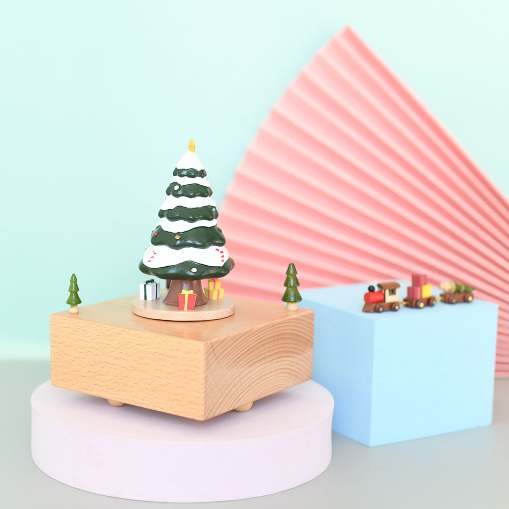 Wooden Music Box - Square Christmas Tree - Merry Christmas tune
