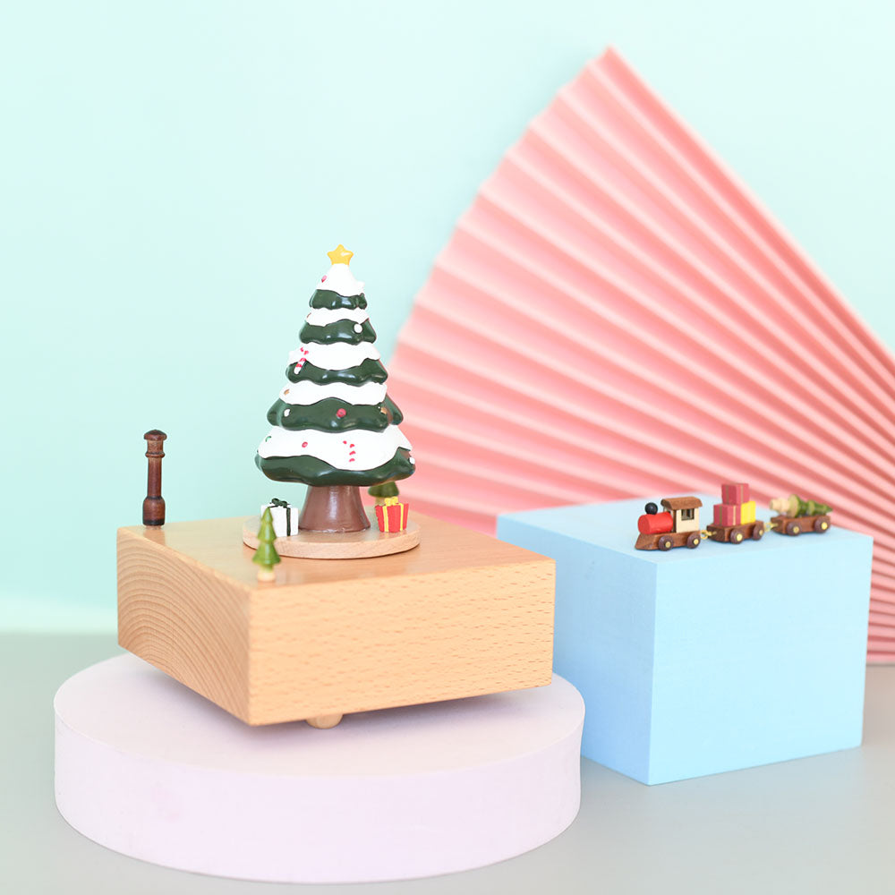 Wooden Music Box - Square Christmas Tree - Merry Christmas tune