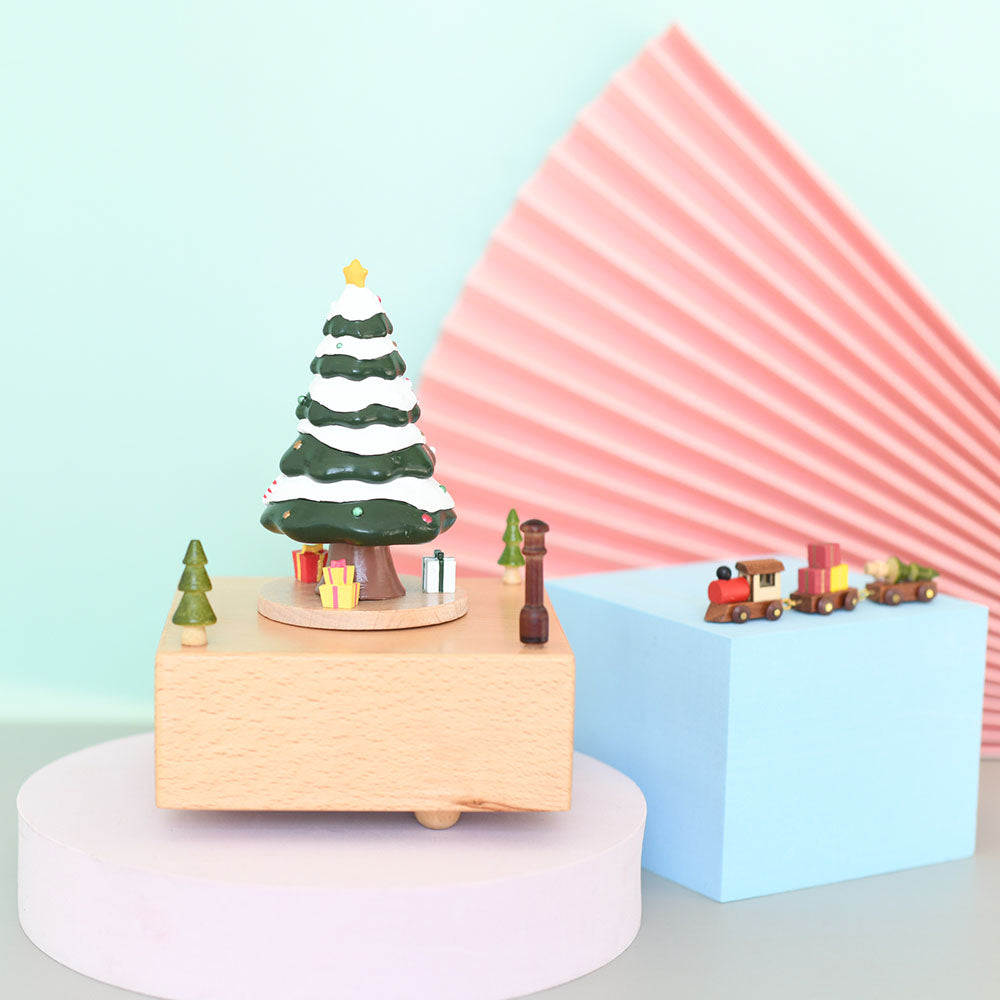 Wooden Music Box - Square Christmas Tree - Merry Christmas tune
