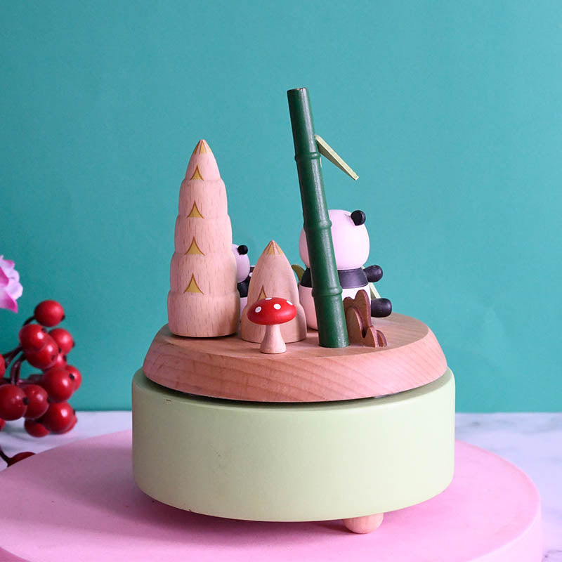 Wooden Music Box - Panda Daddy & Child - Teddy Bear Picnic tune