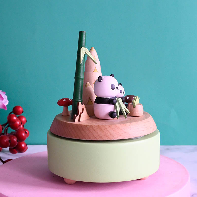 Wooden Music Box - Panda Daddy & Child - Teddy Bear Picnic tune