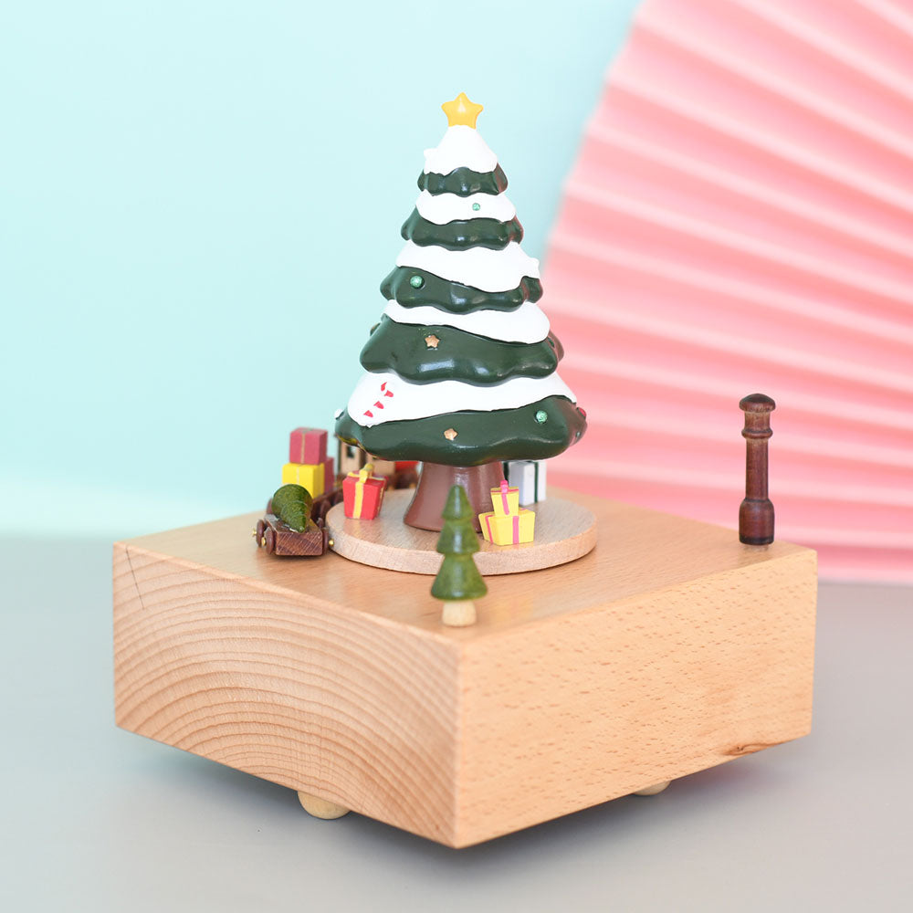 Wooden Music Box - Square Christmas Tree - Merry Christmas tune