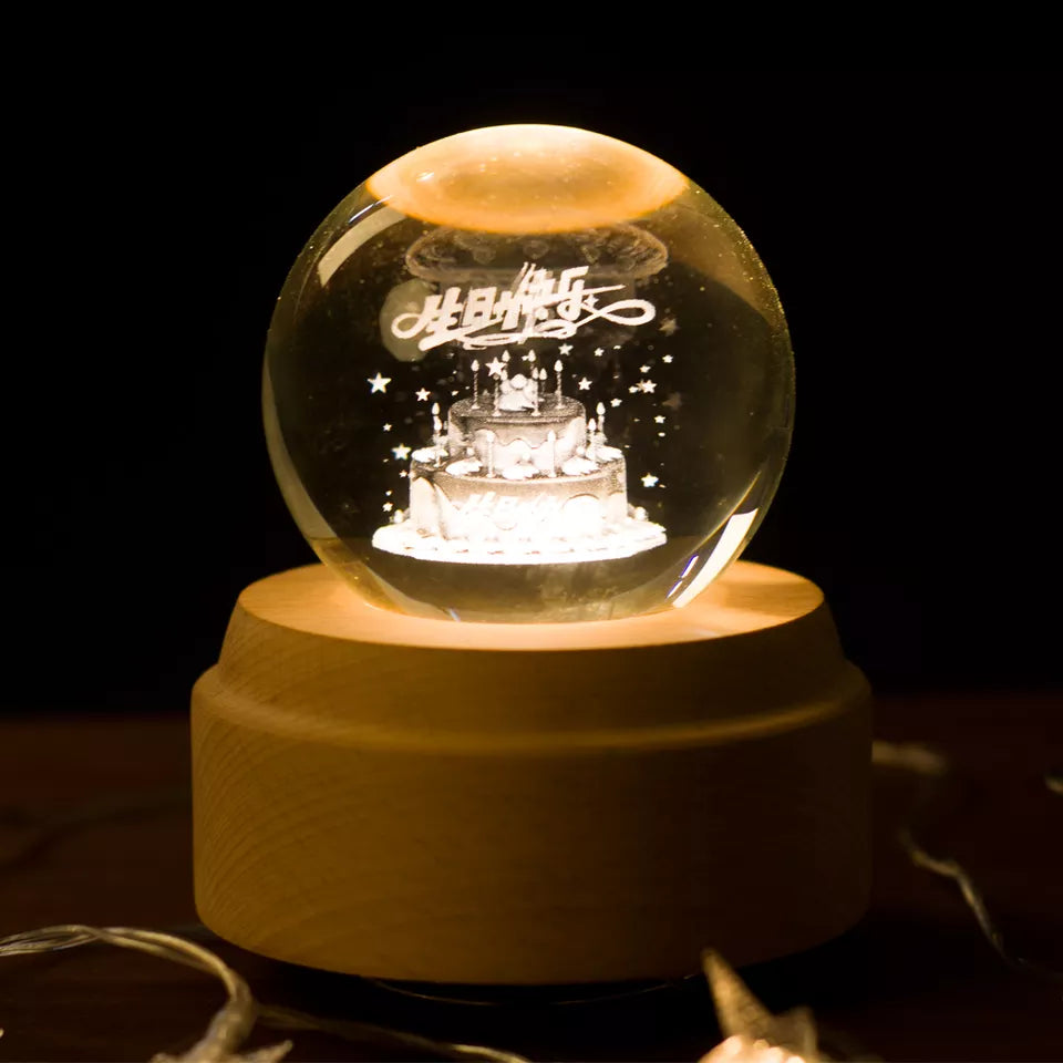 3D Crystal Baby Night Light Snowglobe Music Box - Happy Birthday Cake