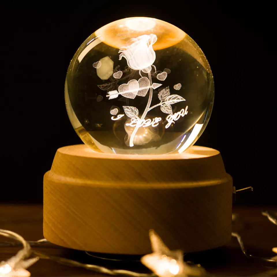 3D Crystal Baby Night Light Snowglobe Music Box - Rose