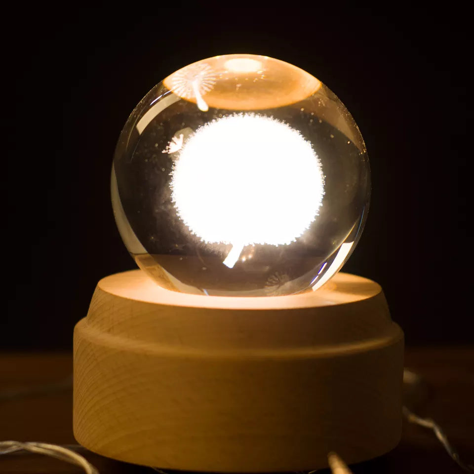 3D Crystal Baby Night Light Snowglobe Music Box - White Dandelion