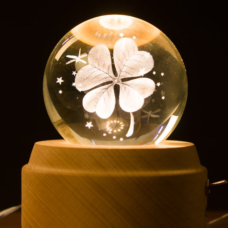 3D Crystal Baby Night Light Snowglobe Music Box - Four Leaf Clover
