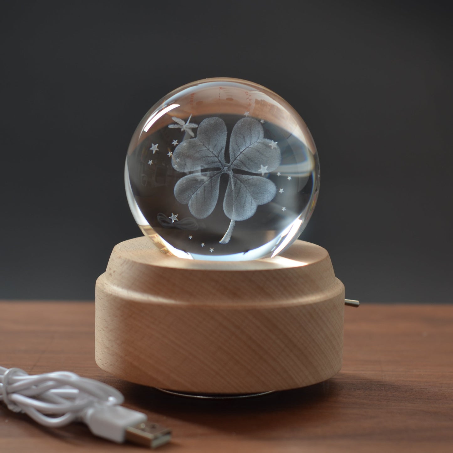 3D Crystal Baby Night Light Snowglobe Music Box - Four Leaf Clover