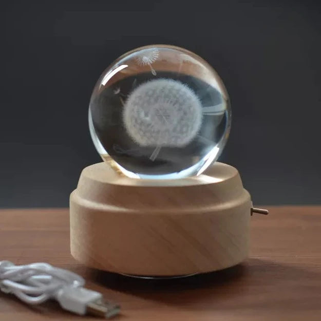 3D Crystal Baby Night Light Snowglobe Music Box - White Dandelion