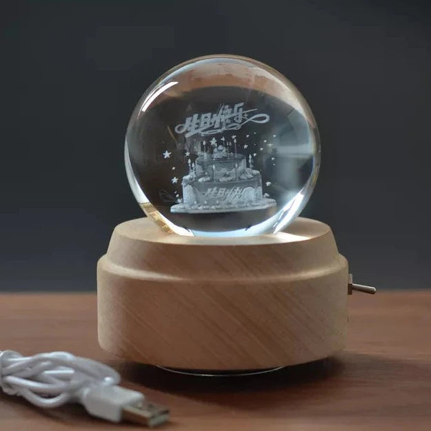 3D Crystal Baby Night Light Snowglobe Music Box - Happy Birthday Cake