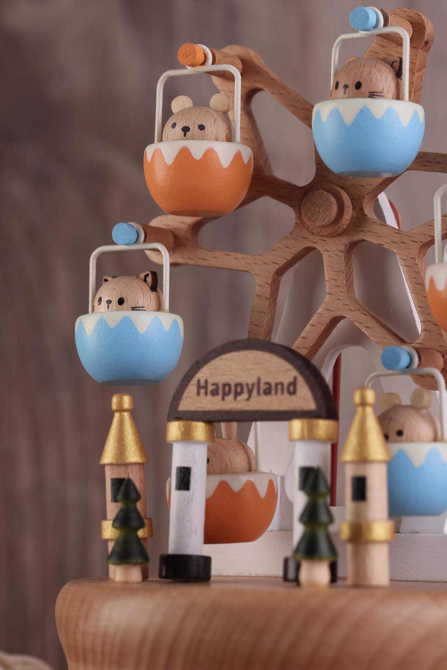 Wooden Music Box - Kitty cat & friends Ferris wheel - Love Story Tune