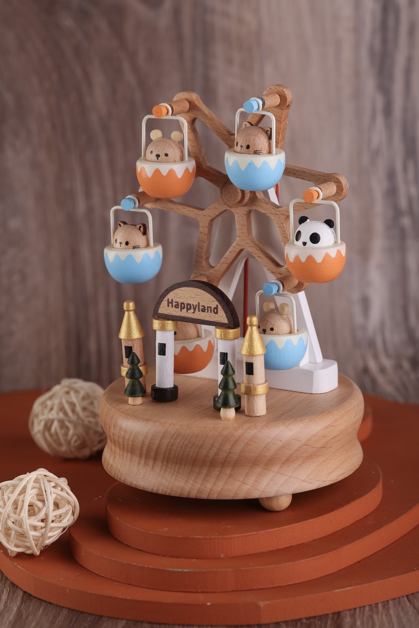 Wooden Music Box - Kitty cat & friends Ferris wheel - Love Story Tune