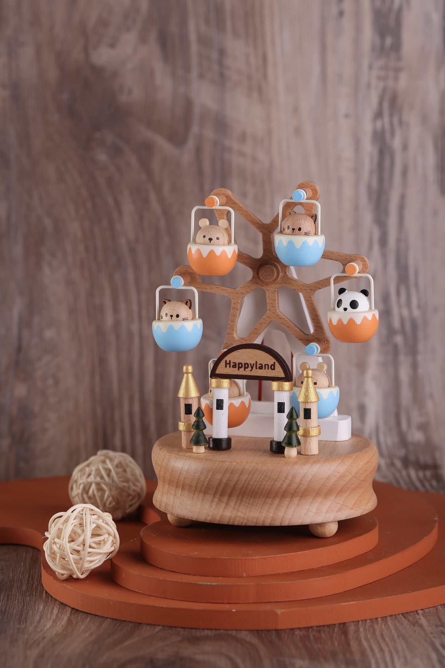 Wooden Music Box - Kitty cat & friends Ferris wheel - Love Story Tune