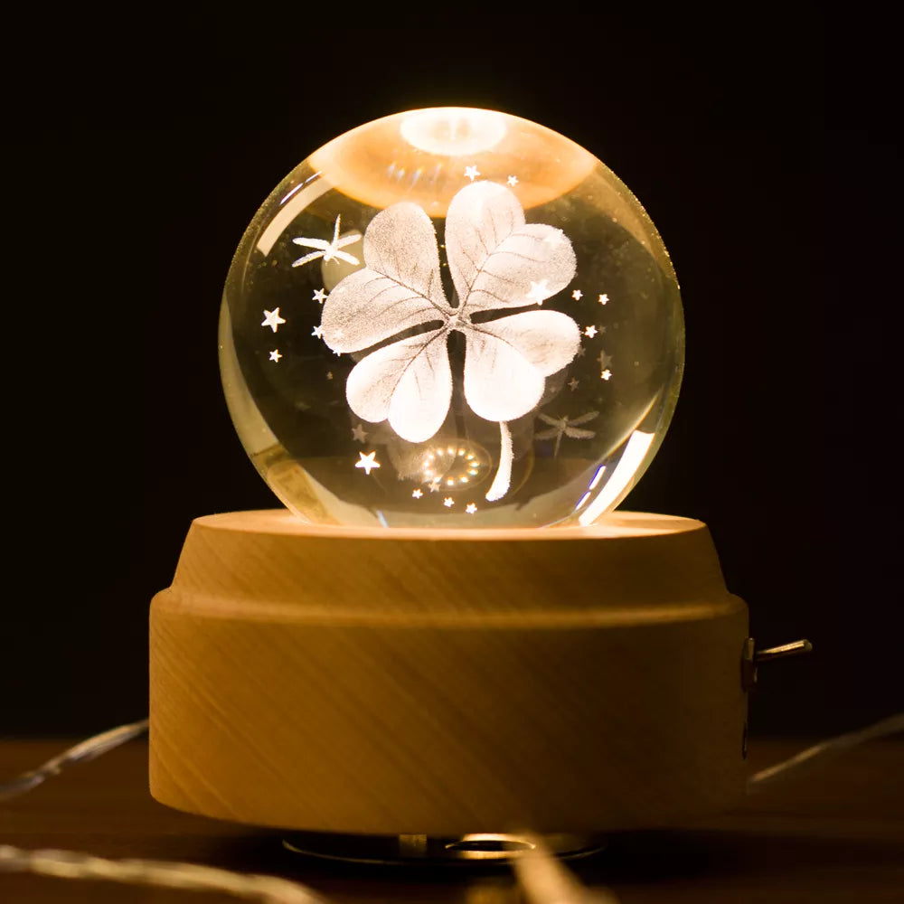 3D Crystal Baby Night Light Snowglobe Music Box - Four Leaf Clover