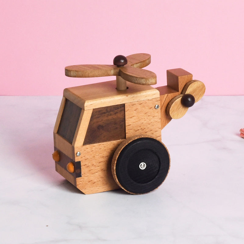Woodylands Wind-up Toy Cars - Helicopter Music Box - Memory tune - Woodylands Vehicles