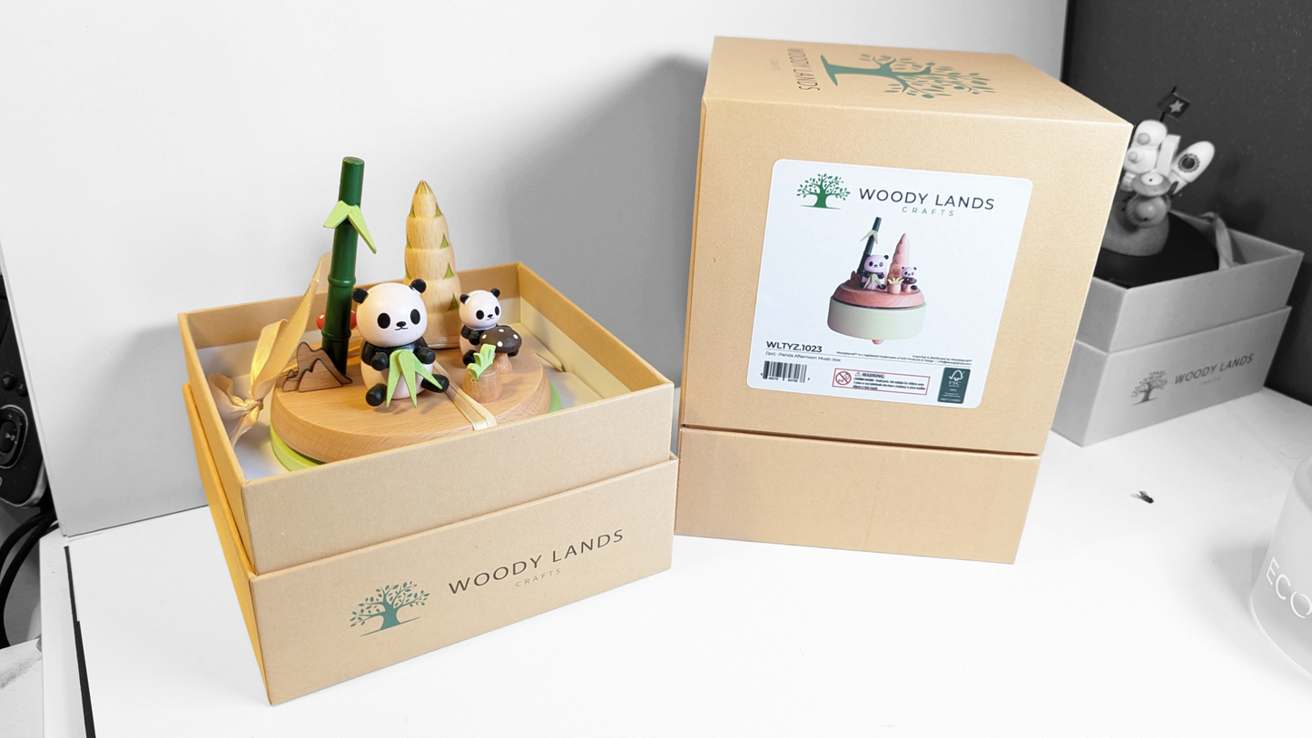 Wooden Music Box - Panda Daddy & Child - Teddy Bear Picnic tune
