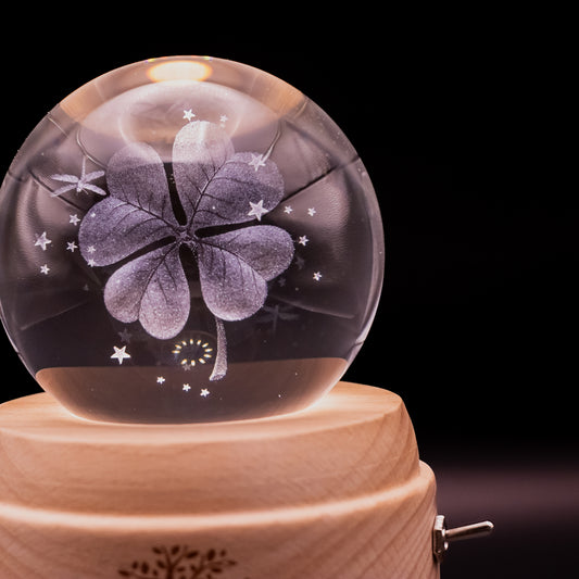 3D Crystal Baby Night Light Snowglobe Music Box - Four Leaf Clover