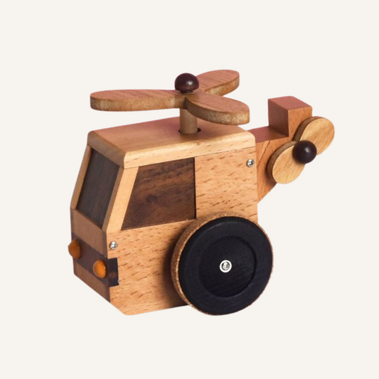 Woodylands Wind-up Toy Cars - Helicopter Music Box - Memory tune - Woodylands Vehicles